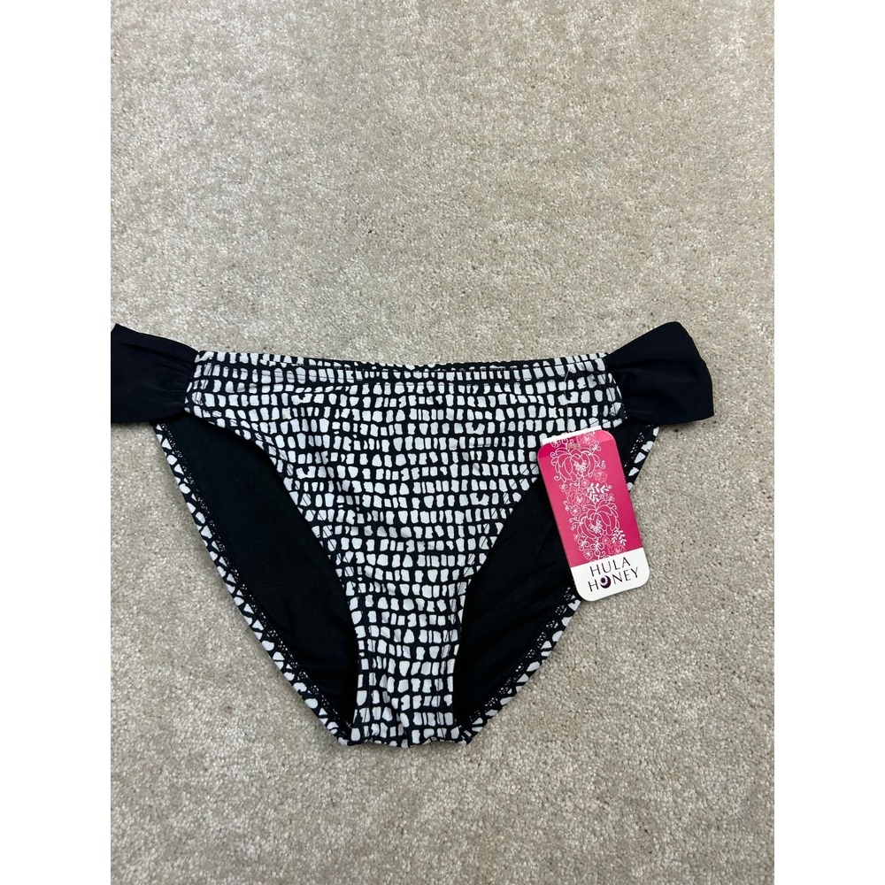 Hula Honey Women's Swimwear Bikini Bottom Black‎ White Size L Ruched Nylon